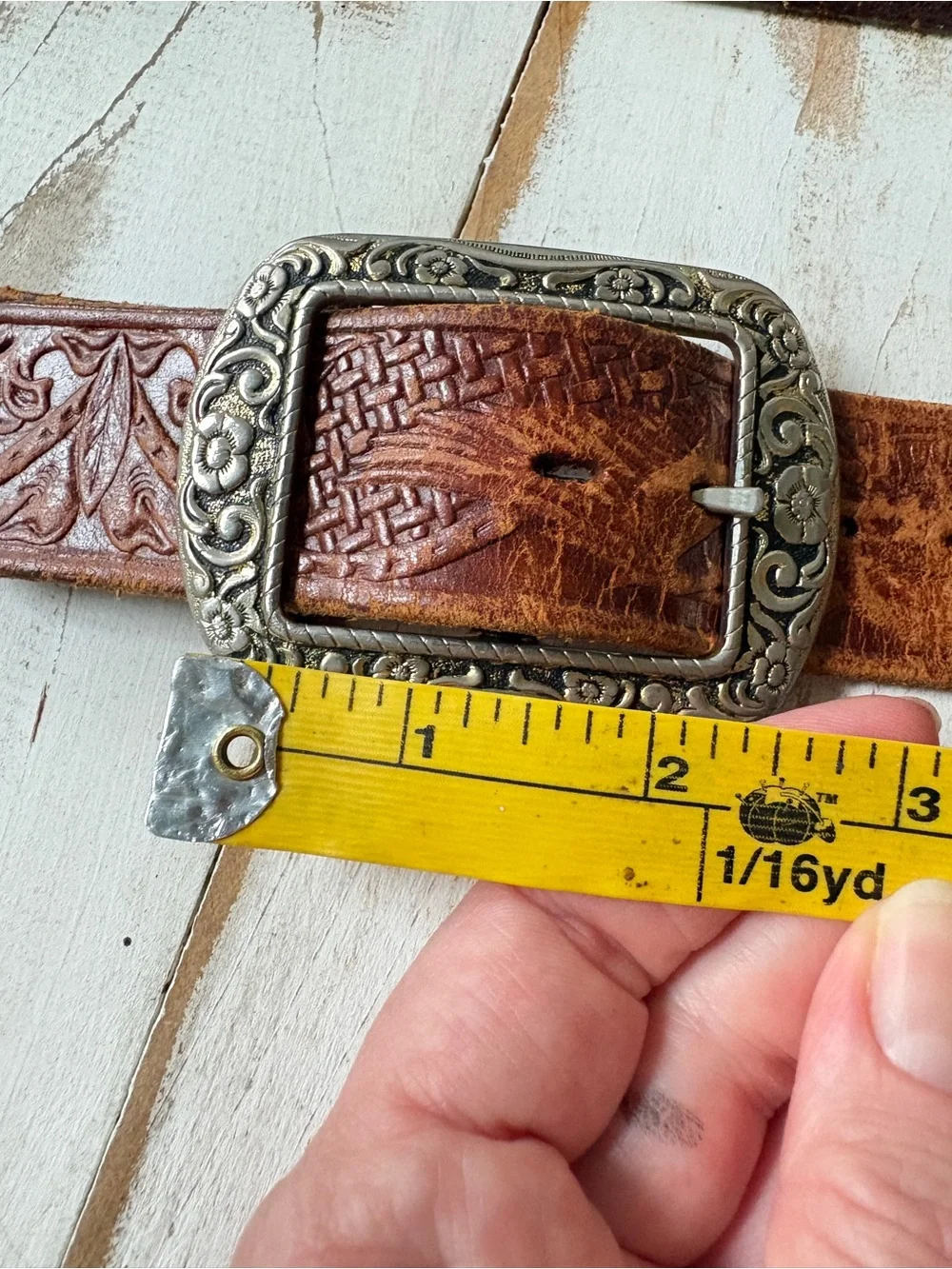 Vintage western top grain leather belt tooled made in Mexico silver buckle sz 44